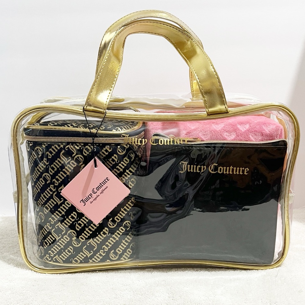 NWT! Juicy Couture Travel Bag Bundle Clear Gold Trim w/3 Nested Bags Inside